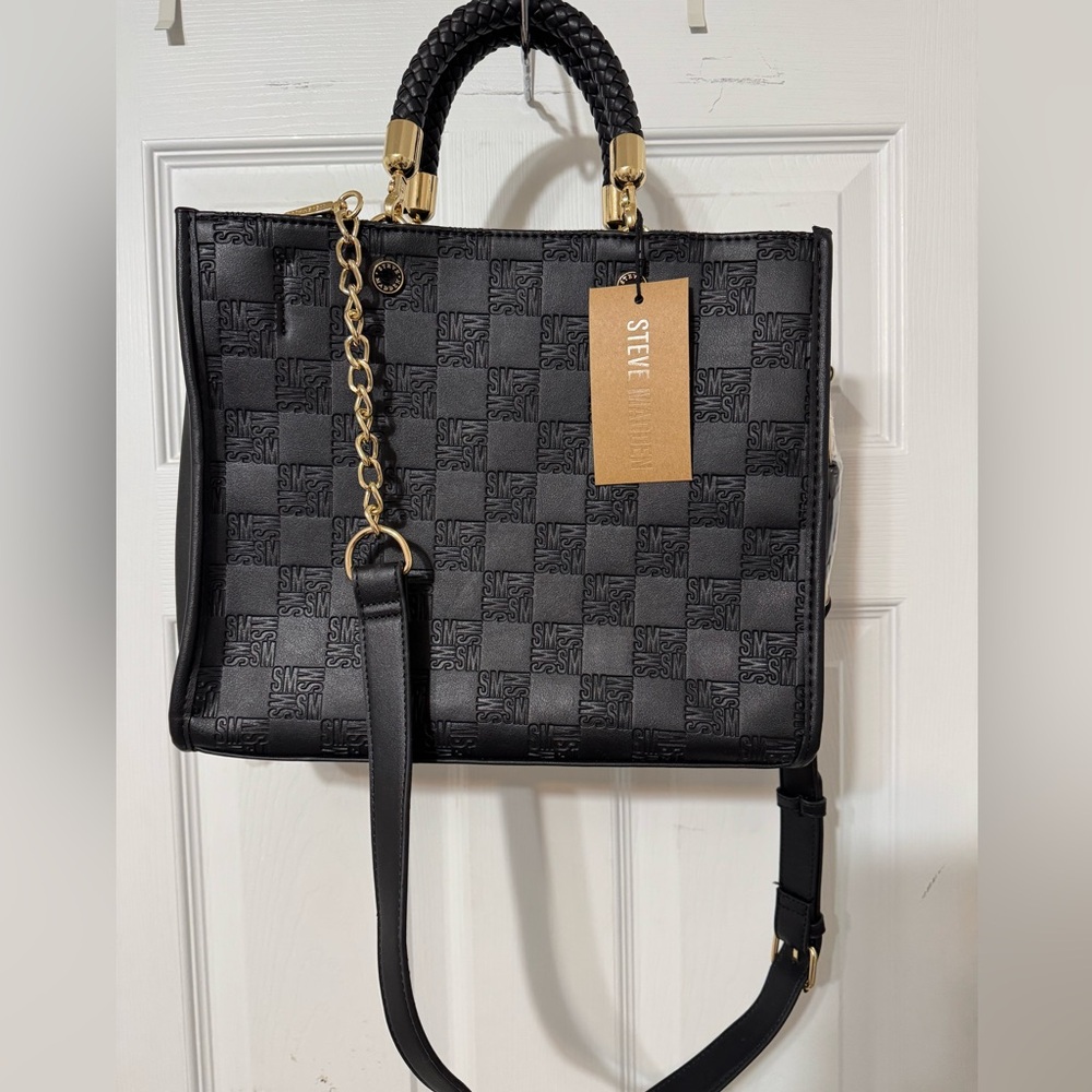 Steve Madden Black Textured Logo Satchel with Gold Hardware